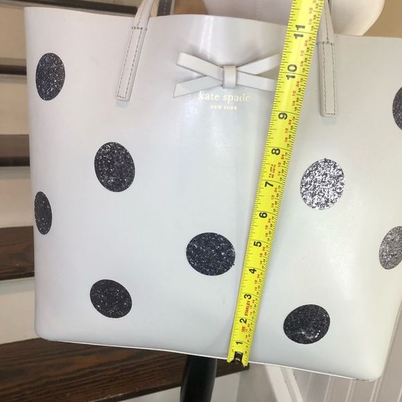 KATE SPADE Silver Glitter Polka Dot White Leather Tote Shoulder Bag Zip Pocket - Picture 8 of 17